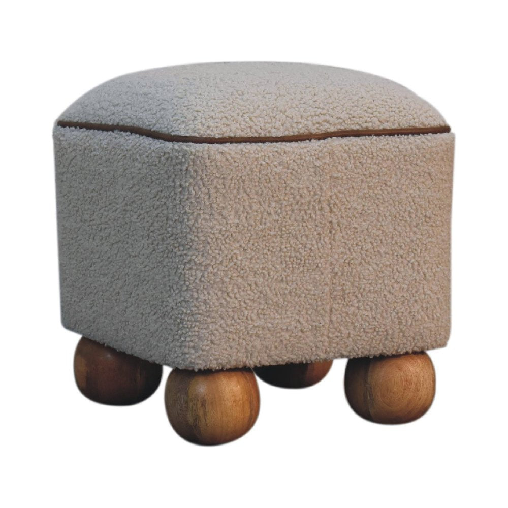 15" Beige And Brown Boucle And Genuine Leather Footstool HomeRoots