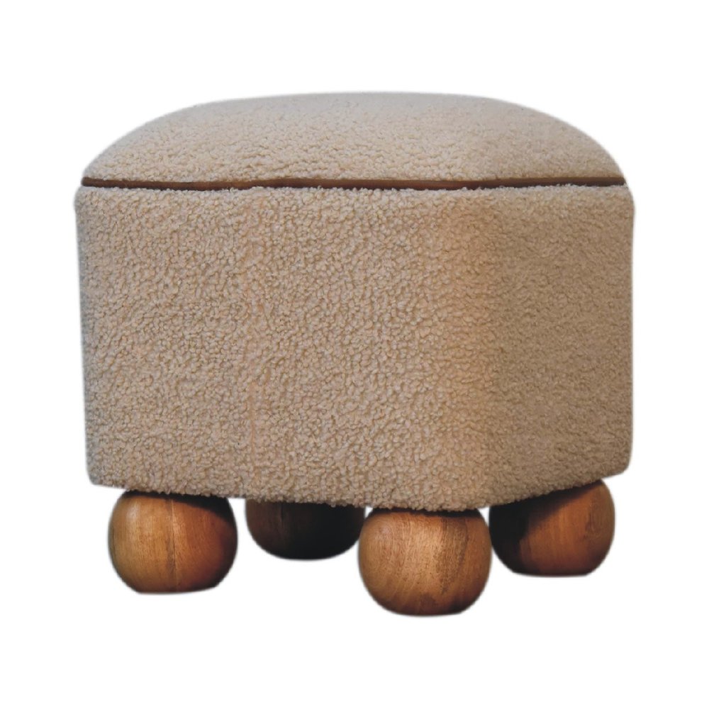 15" Beige And Brown Boucle And Genuine Leather Footstool HomeRoots