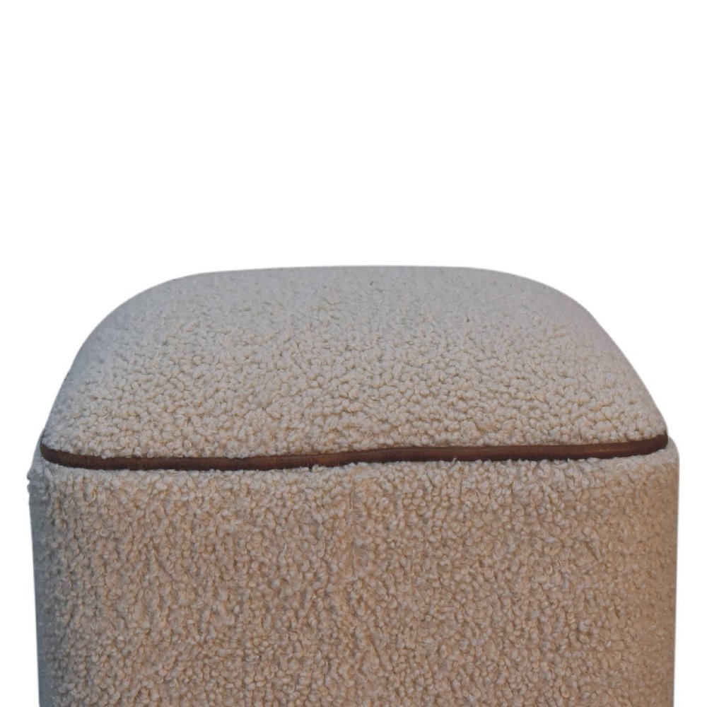 15" Beige And Brown Boucle And Genuine Leather Footstool HomeRoots