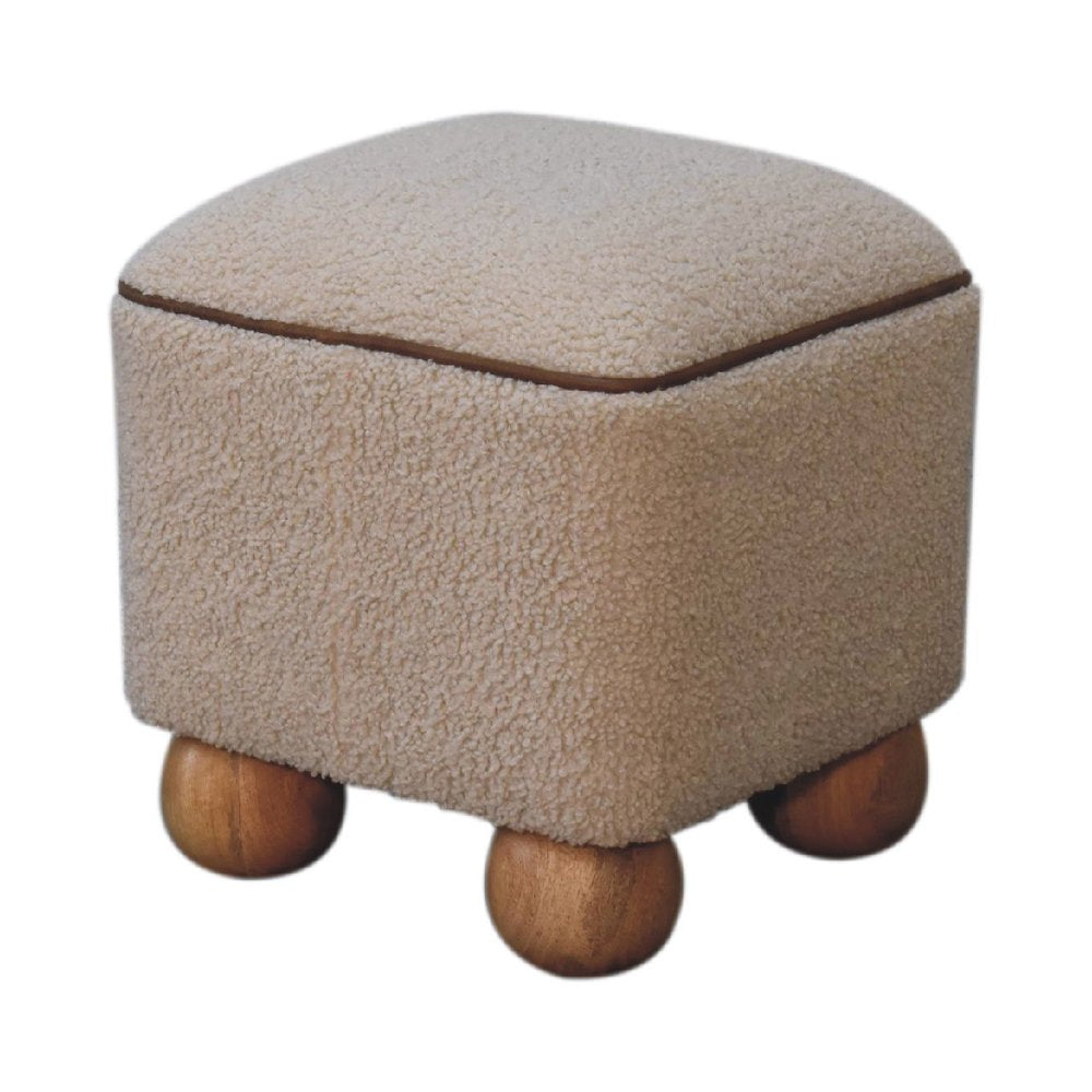 15" Beige And Brown Boucle And Genuine Leather Footstool HomeRoots