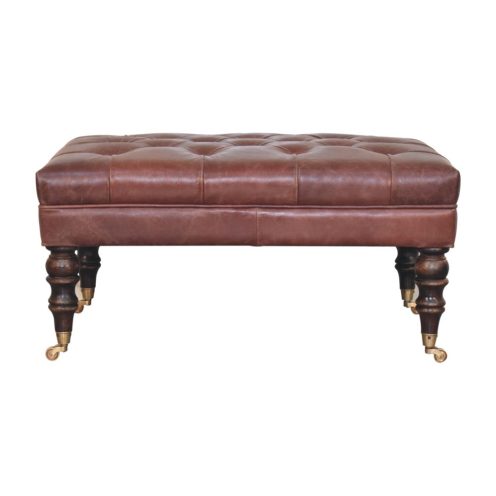 35" Brown And Brass Rolling Genuine Leather Tufted Ottoman HomeRoots