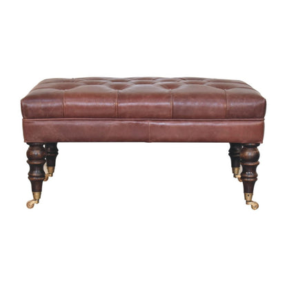 35" Brown And Brass Rolling Genuine Leather Tufted Ottoman HomeRoots