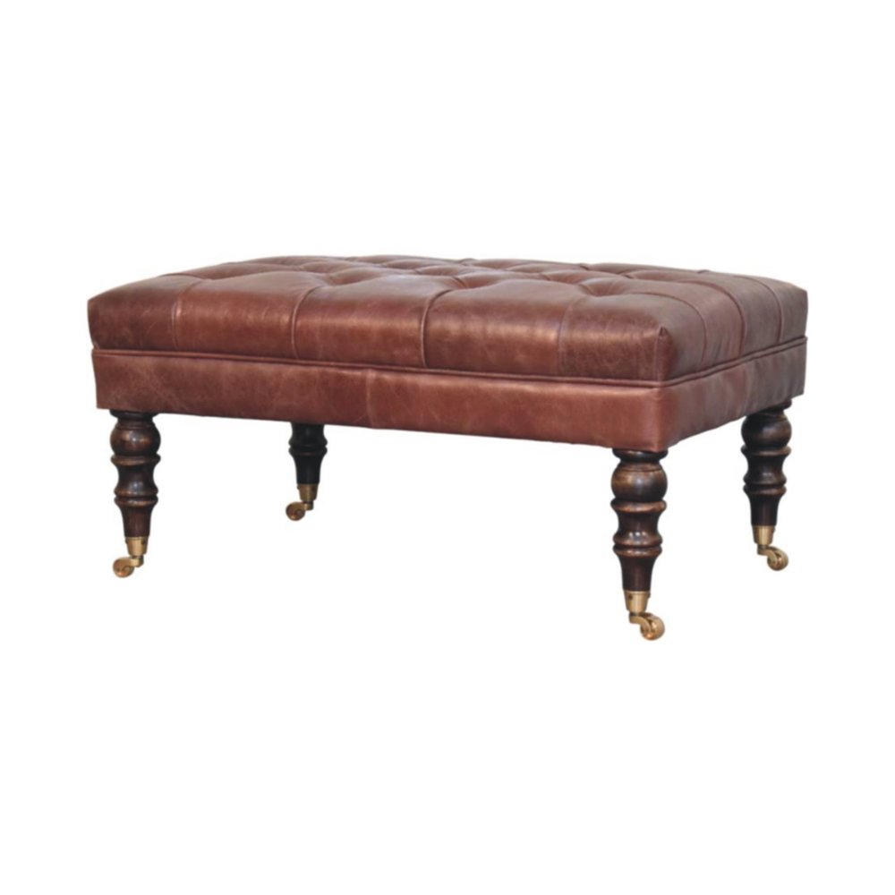 35" Brown And Brass Rolling Genuine Leather Tufted Ottoman HomeRoots