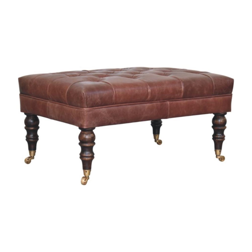 35" Brown And Brass Rolling Genuine Leather Tufted Ottoman HomeRoots