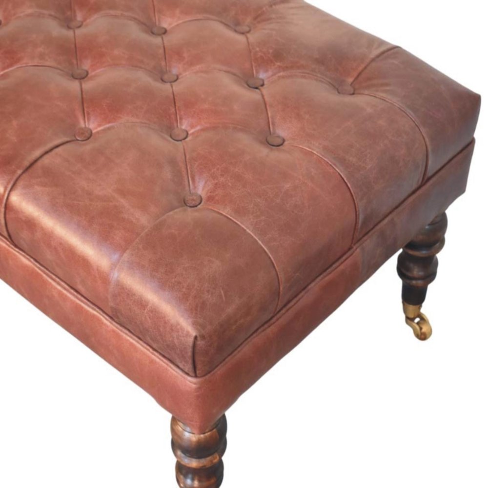 35" Brown And Brass Rolling Genuine Leather Tufted Ottoman — view 5