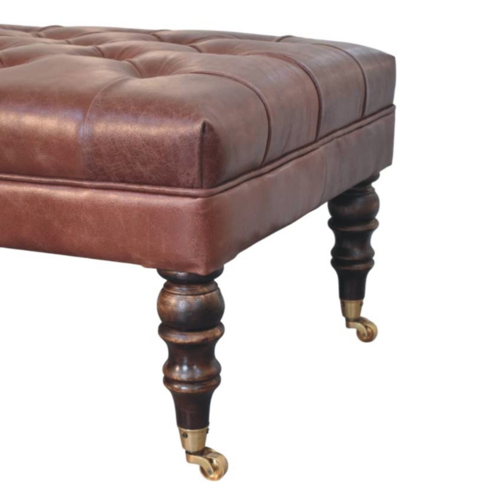 35" Brown And Brass Rolling Genuine Leather Tufted Ottoman — view 6