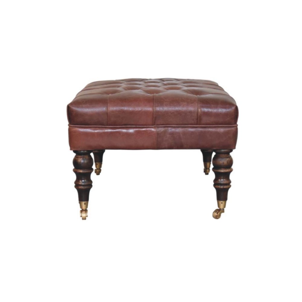 35" Brown And Brass Rolling Genuine Leather Tufted Ottoman HomeRoots