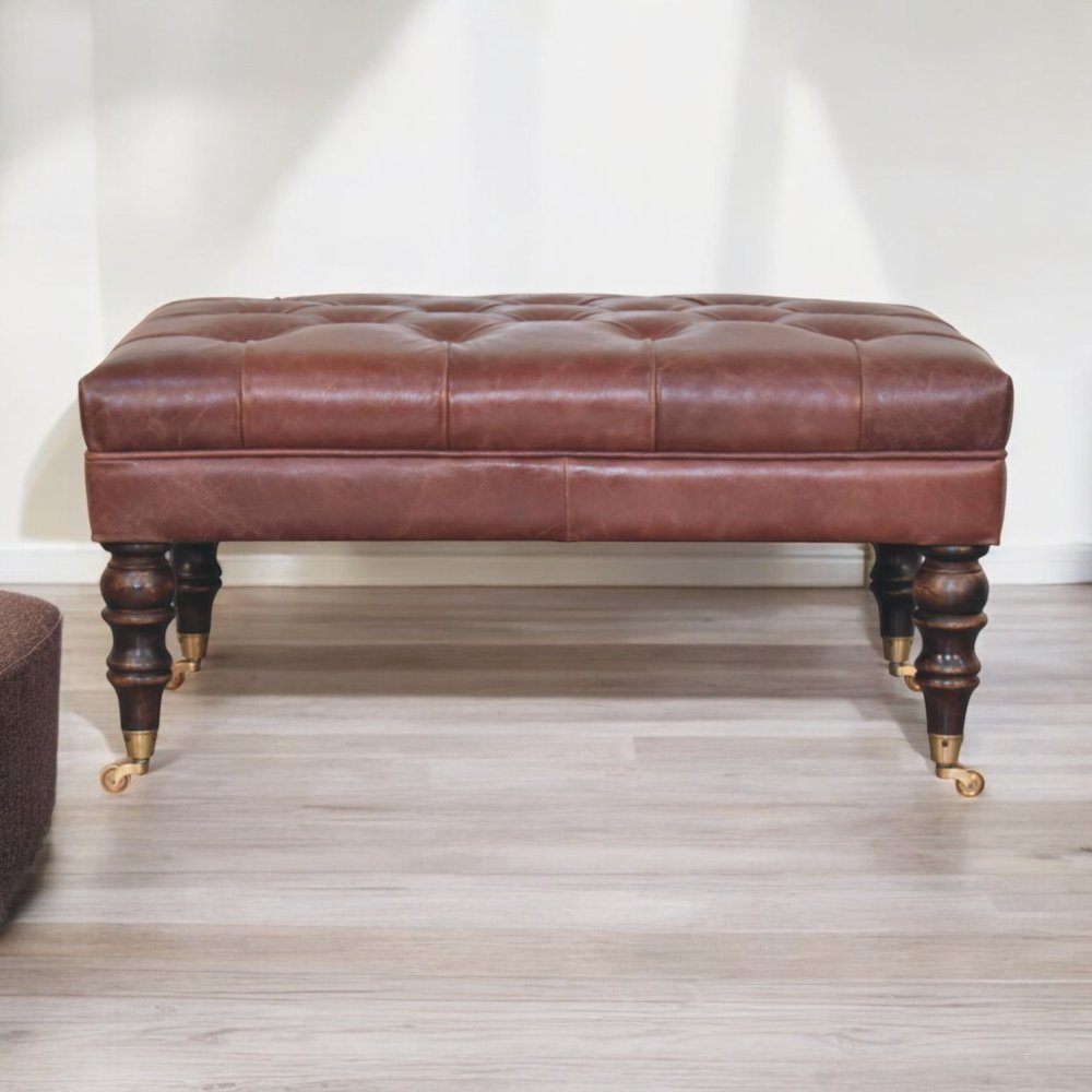 35" Brown And Brass Rolling Genuine Leather Tufted Ottoman — view 8