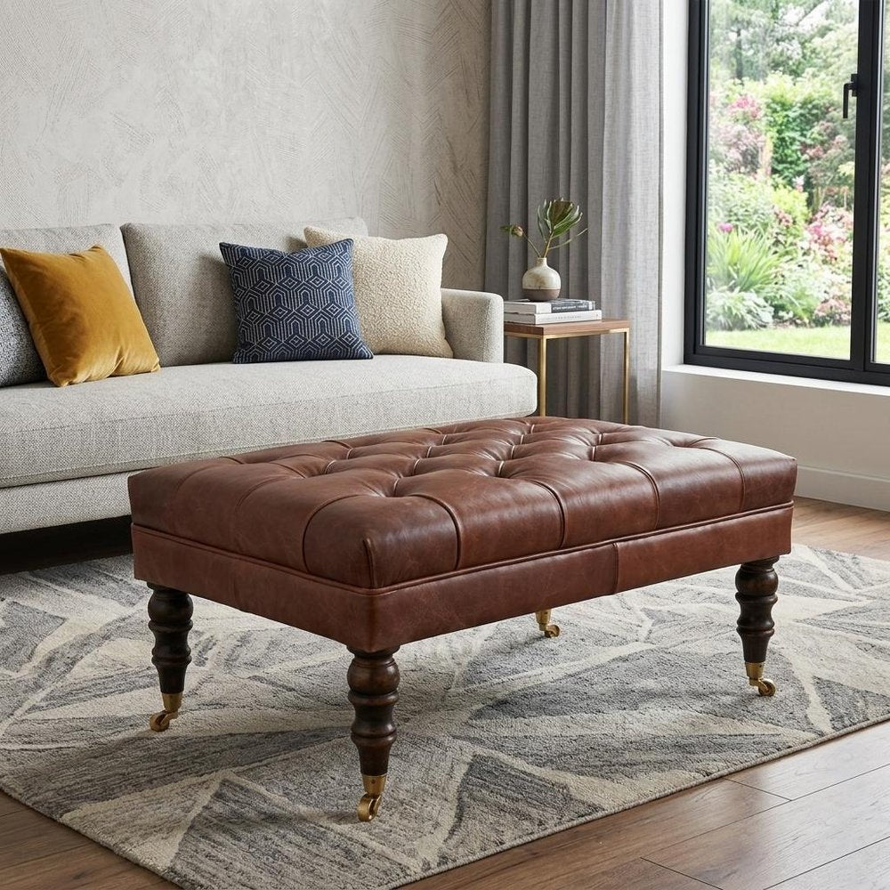 35" Brown And Brass Rolling Genuine Leather Tufted Ottoman — view 9