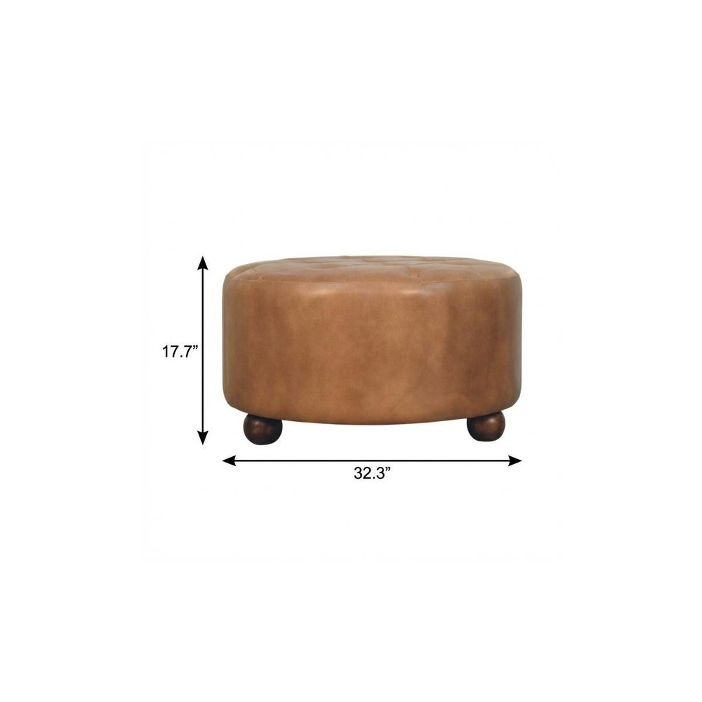 32" Brown Genuine Leather Tufted Round Cocktail Ottoman HomeRoots