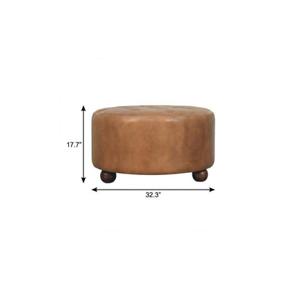 32" Brown Genuine Leather Tufted Round Cocktail Ottoman HomeRoots