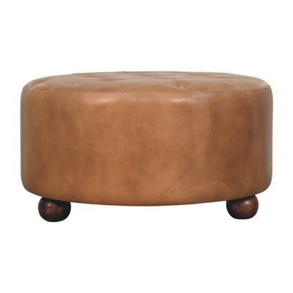 32" Brown Genuine Leather Tufted Round Cocktail Ottoman HomeRoots