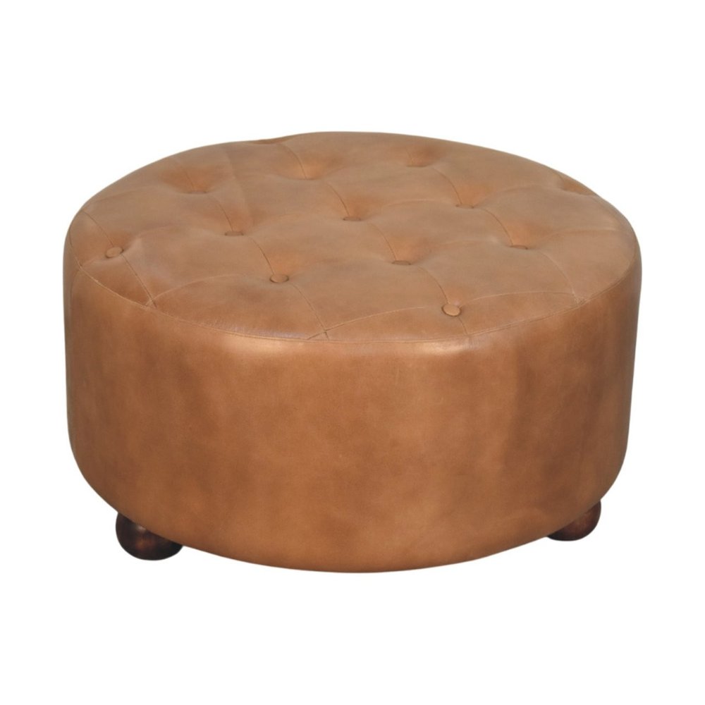 32" Brown Genuine Leather Tufted Round Cocktail Ottoman HomeRoots