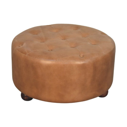 32" Brown Genuine Leather Tufted Round Cocktail Ottoman HomeRoots