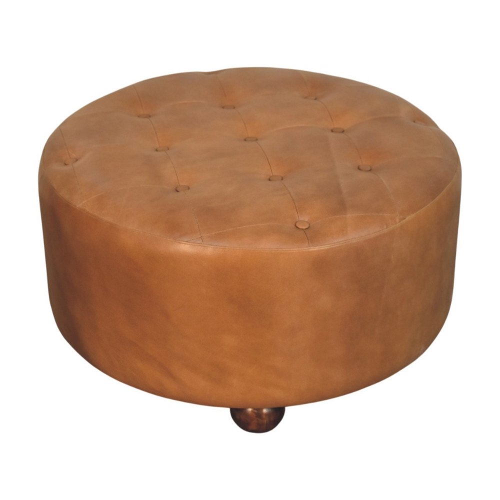 32" Brown Genuine Leather Tufted Round Cocktail Ottoman HomeRoots