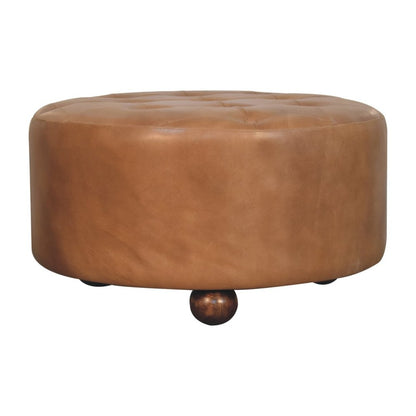 32" Brown Genuine Leather Tufted Round Cocktail Ottoman HomeRoots