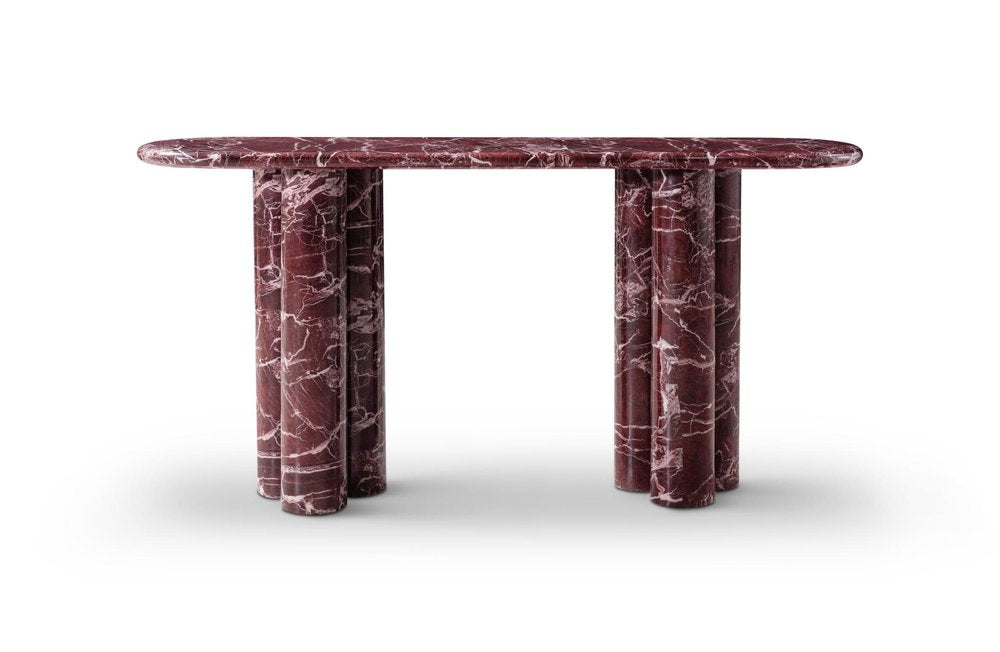60" Red Genuine Marble Oval Double Pedestal Console Table — view 3