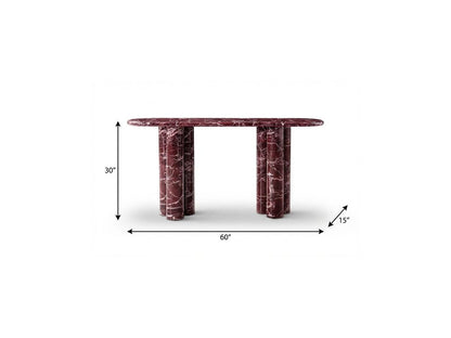60" Red Genuine Marble Oval Double Pedestal Console Table