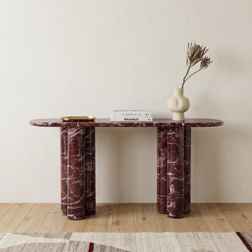 60" Red Genuine Marble Oval Double Pedestal Console Table HomeRoots