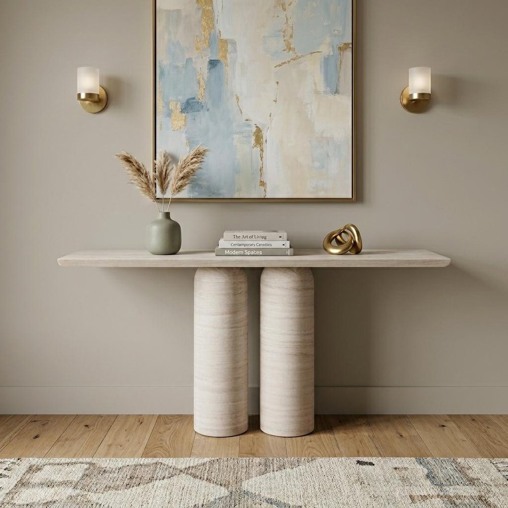 60" Beige Genuine Marble Pedestal Console Table HomeRoots