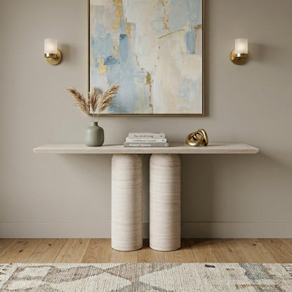60" Beige Genuine Marble Pedestal Console Table HomeRoots