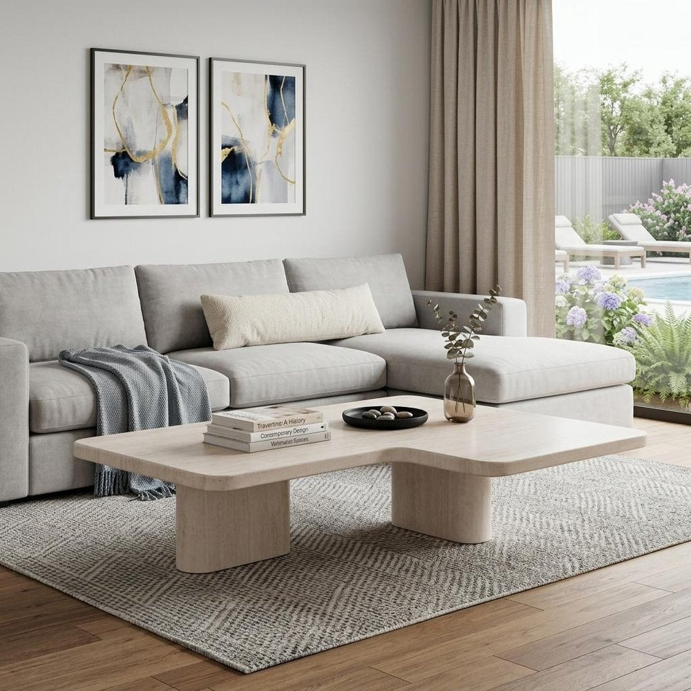 47" Beige Genuine Marble and Marble Free Form Double Pedestal Coffee Table — view 13