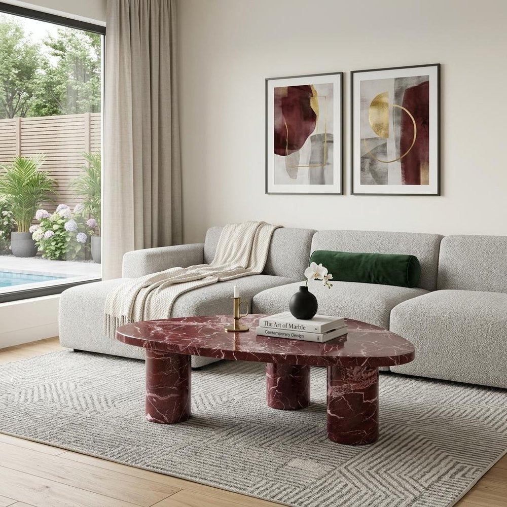 48" Red Genuine Marble and Marble Free Form Coffee Table HomeRoots