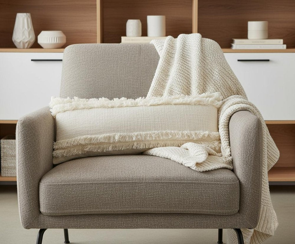36" X 14" White And Ivory Lumbar Striped Cotton Throw Pillow Cover