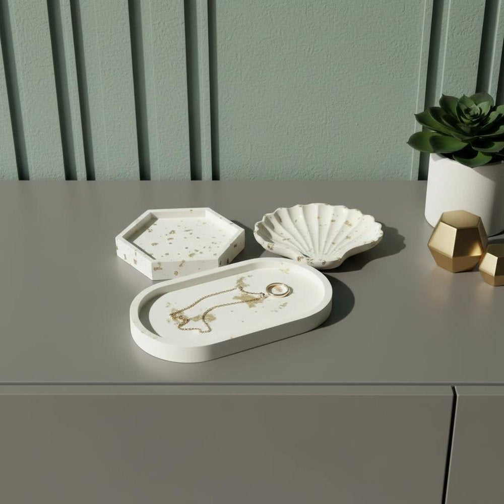 Set of Three Gold And White Resin Handmade Trinket Trays — view 1