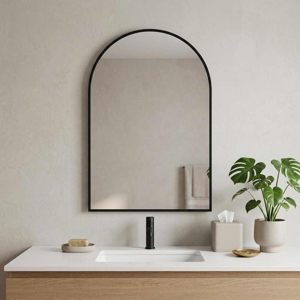 30" Black Aluminum Arch Framed Anti Fog Accent Mirror — view 5