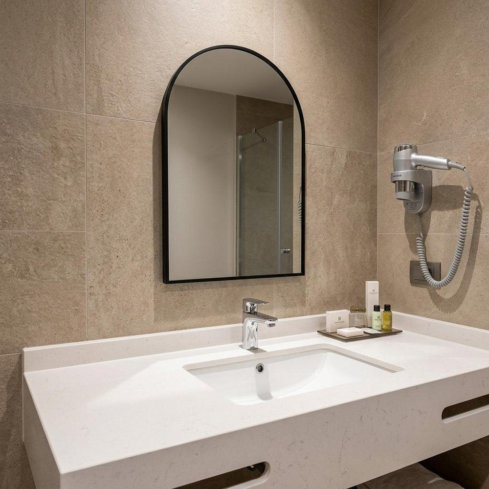 30" Black Aluminum Arch Framed Anti Fog Accent Mirror — view 6