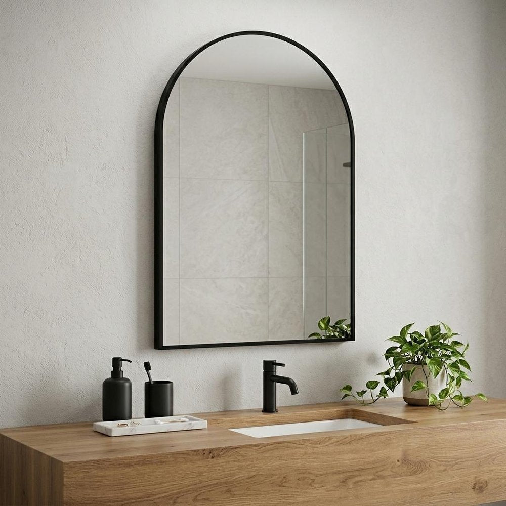 35" Black Aluminum Arch Framed Anti Fog Accent Mirror — view 4