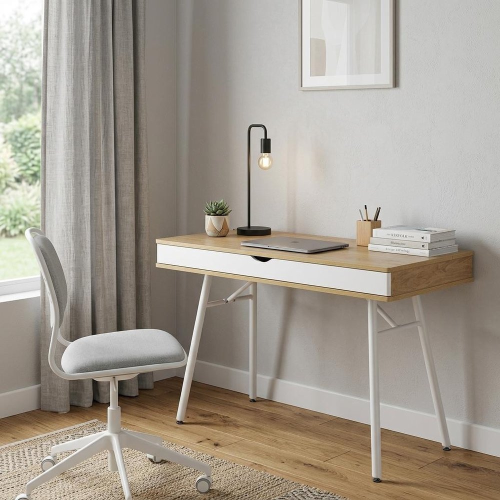 45" Oak and White Wood and Steel Computer Desk HomeRoots