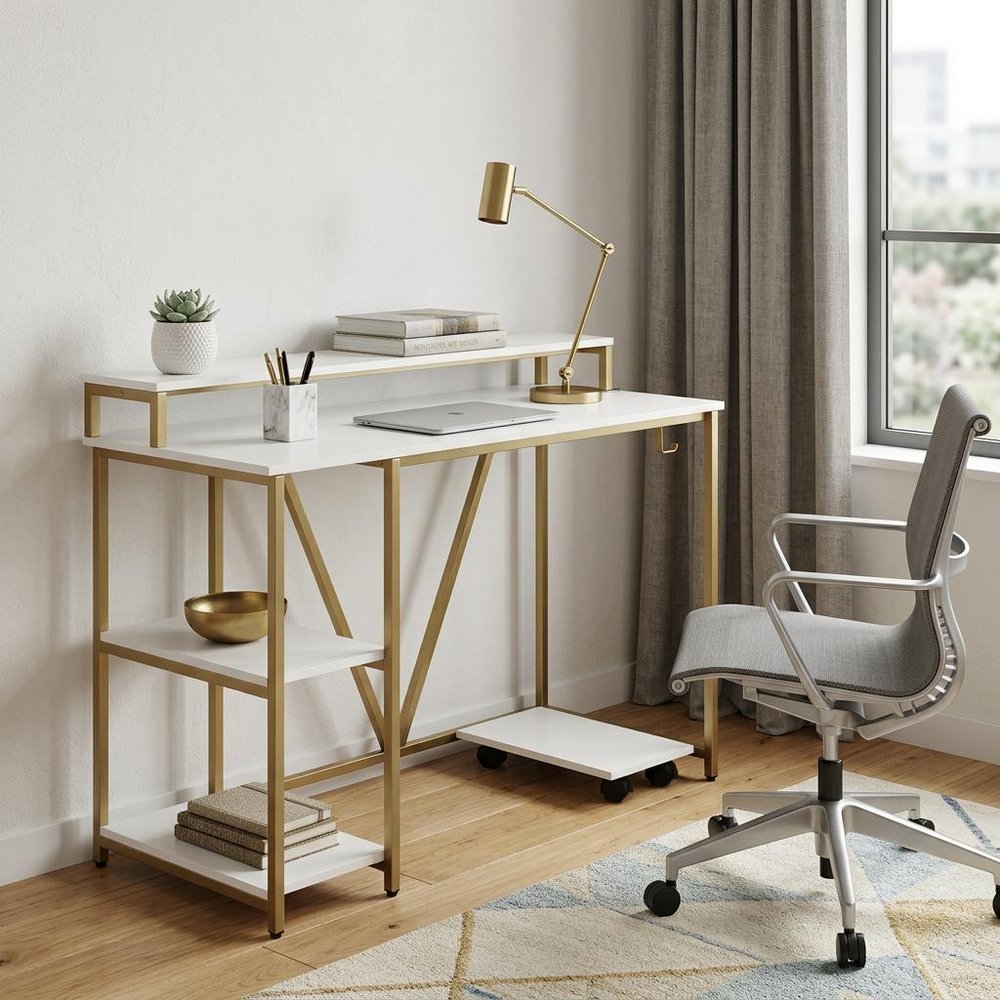 47" White and Gold Wood and Steel Pedestal Computer Desk — view 9
