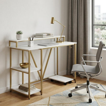 47" White and Gold Wood and Steel Pedestal Computer Desk HomeRoots
