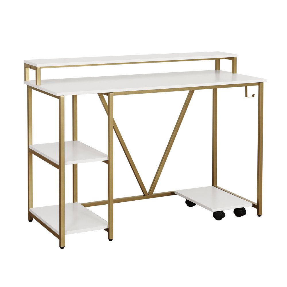 47" White and Gold Wood and Steel Pedestal Computer Desk — view 1