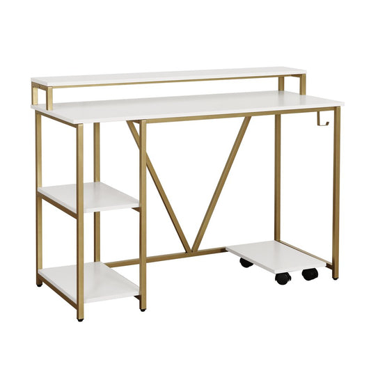 47" White and Gold Wood and Steel Pedestal Computer Desk