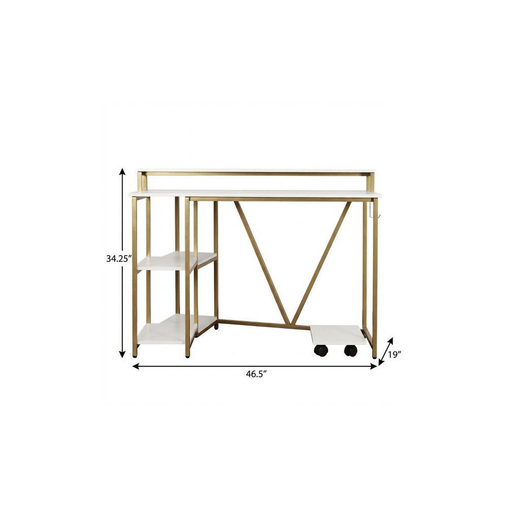 47" White and Gold Wood and Steel Pedestal Computer Desk HomeRoots