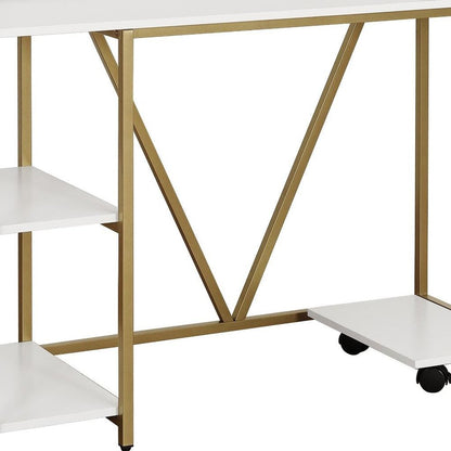 47" White and Gold Wood and Steel Pedestal Computer Desk HomeRoots