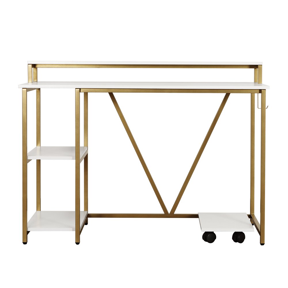 47" White and Gold Wood and Steel Pedestal Computer Desk — view 2