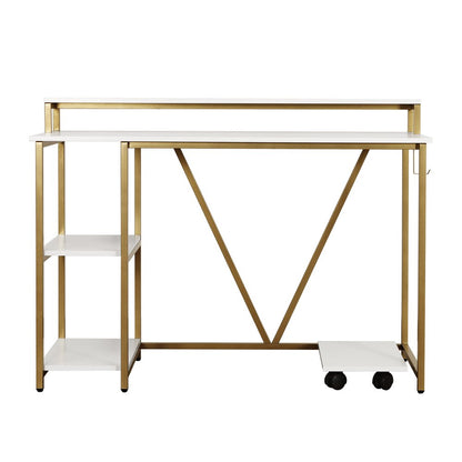 47" White and Gold Wood and Steel Pedestal Computer Desk HomeRoots