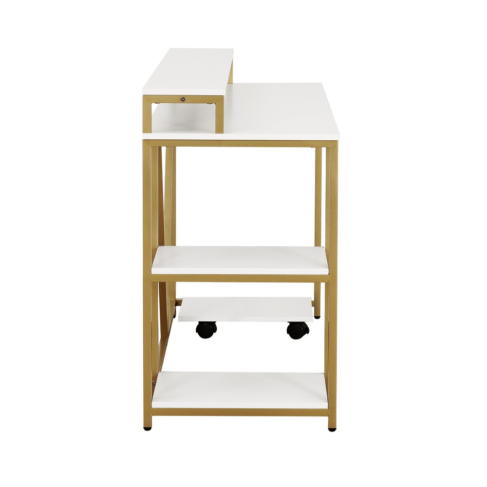 47" White and Gold Wood and Steel Pedestal Computer Desk — view 3