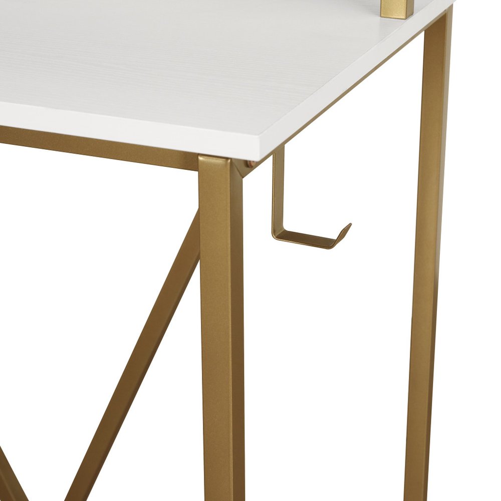 47" White and Gold Wood and Steel Pedestal Computer Desk — view 4
