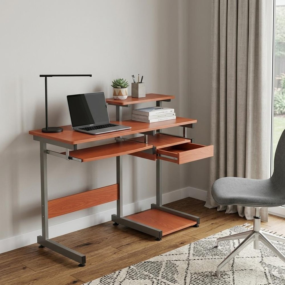 38" Oak and Silver Wood and Steel Sled Computer Desk HomeRoots