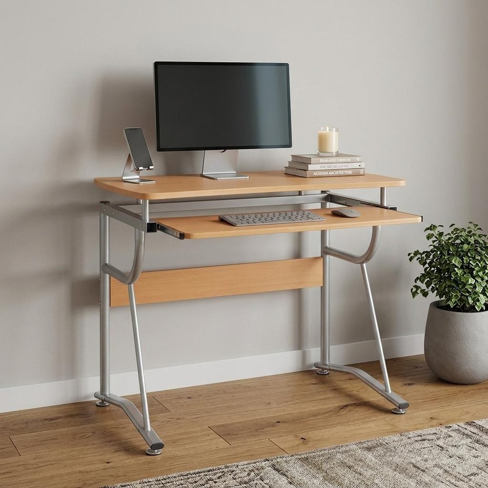 43" Oak and Silver Wood and Steel Computer Desk — view 6