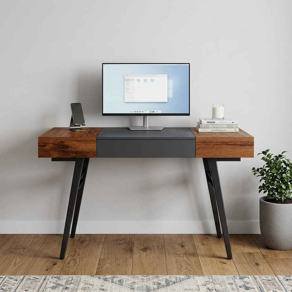 51" Mahogany and Gray Wood and Steel Writing Desk — view 8