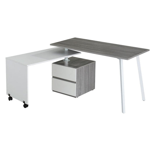 58" Gray and White Wood Adjustable Position Computer Desk With Two Drawer Cabinet