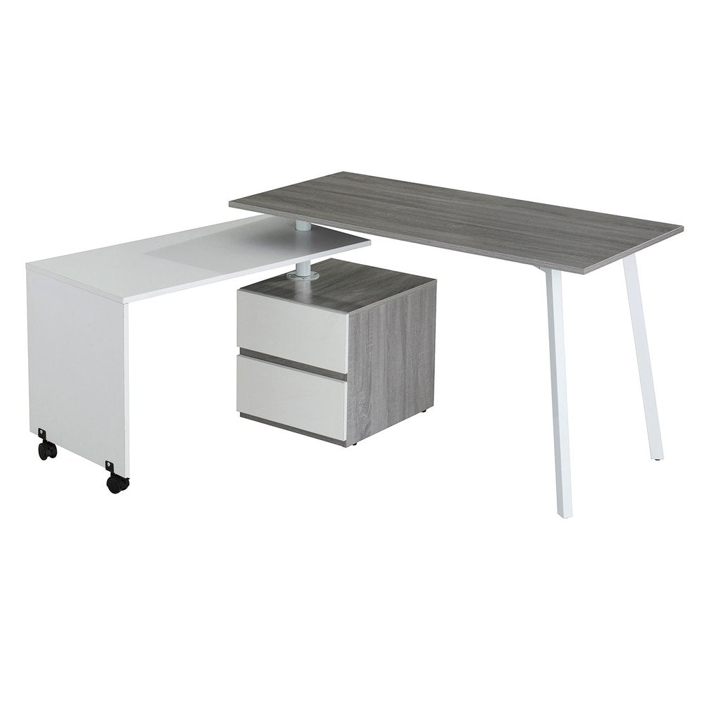 58" Gray and White Wood Adjustable Position Computer Desk With Two Drawer Cabinet — view 1