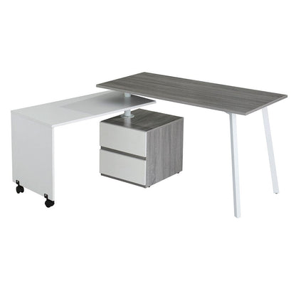 58" Gray and White Wood Adjustable Position Computer Desk With Two Drawer Cabinet HomeRoots