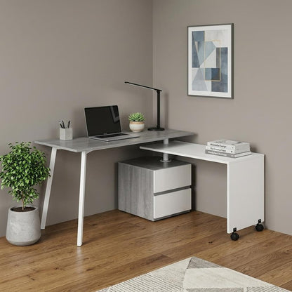 58" Gray and White Wood Adjustable Position Computer Desk With Two Drawer Cabinet HomeRoots